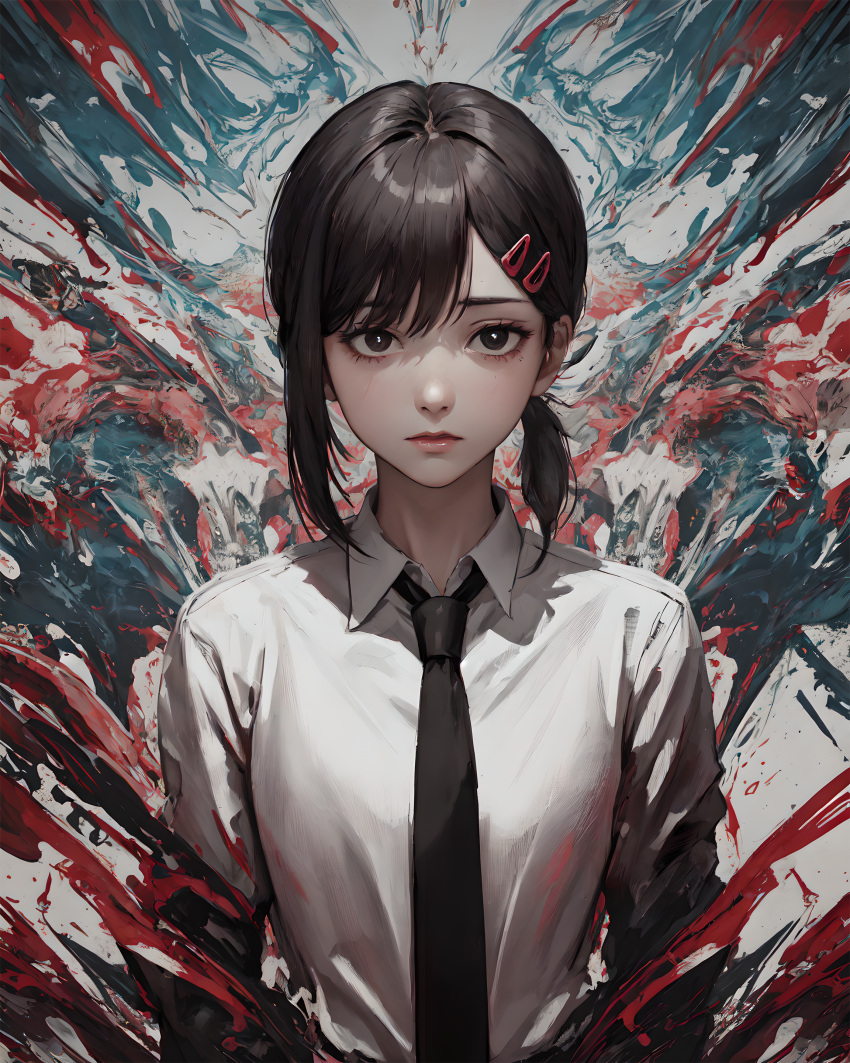 1girl, abstract, absurdres, ai-generated, black_hair, black_necktie, brown_eyes, chainsaw_man, higashiyama_kobeni, highres, lxlbanner, necktie, shirt, white_shirt