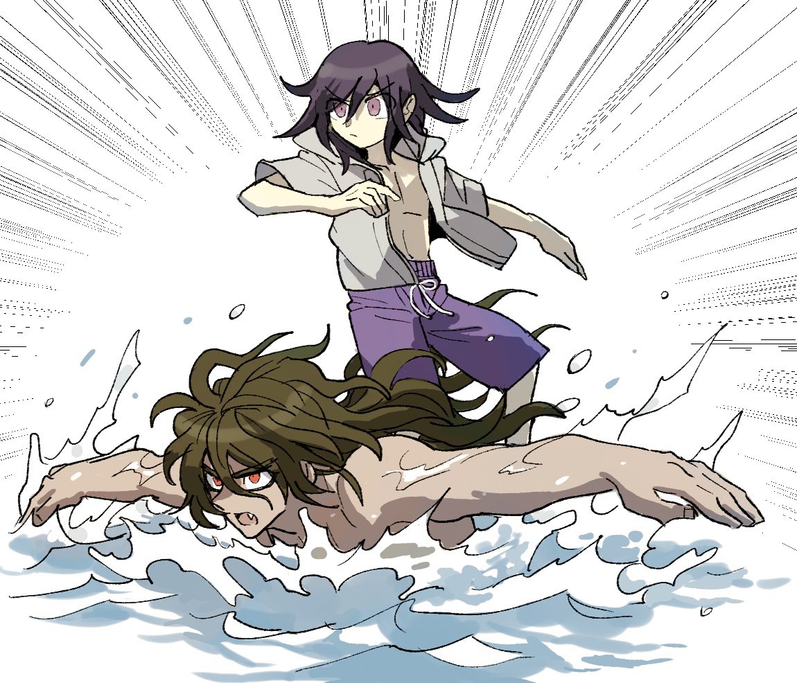 2boys, danganronpa_(series), danganronpa_s:_ultimate_summer_camp, danganronpa_v3:_killing_harmony, emphasis_lines, fang, gokuhara_gonta, green_hair, grey_jacket, hood, hooded_jacket, jacket, kumakoro_(tetsupag), male_focus, male_swimwear, multiple_boys, navel, official_alternate_costume, oma_kokichi, open_clothes, open_jacket, open_mouth, pink_male_swimwear, standing, surfing, swimming, water, wet