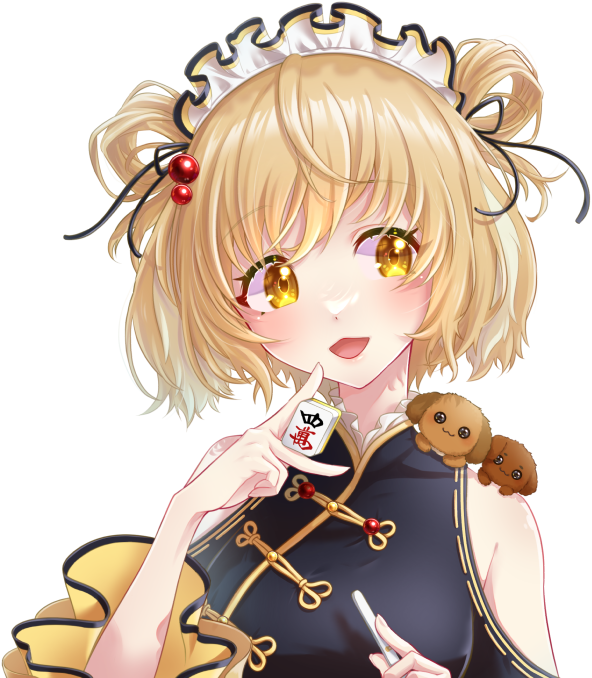 1girl, animal_ears, black_hair, black_ribbon, blonde_hair, blush, breasts, china_dress