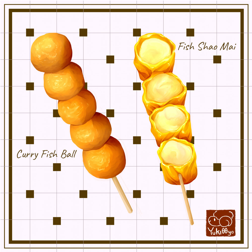 artist_logo, artist_name, border, brown_border, commentary_request, english_text, fish_(food), fish_ball, food_focus, food_name, grid_background, no_humans, original, signature, skewer, still_life, white_background, yuki00yo