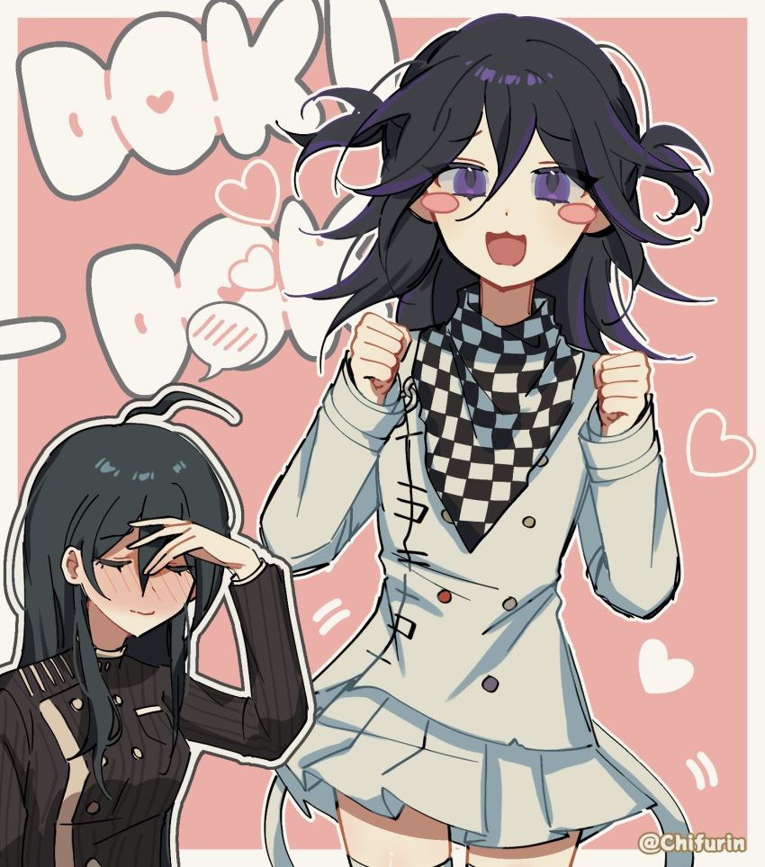 2girls, :3, :d, ahoge, black_hair, black_jacket, black_scarf, blush, blush_stickers, border, buttons, checkered_clothes, checkered_scarf, chifurin, closed_eyes, cowboy_shot, danganronpa_(series), danganronpa_v3:_killing_harmony, double-breasted, genderswap, genderswap_(mtf), grey_jacket, grey_skirt, hair_between_eyes, happy, heart, highres, jacket, long_hair, long_sleeves, miniskirt, multicolored_hair, multiple_girls, oma_kokichi, purple_hair, saihara_shuichi, scarf, skirt, smile, striped, striped_jacket, two-tone_hair, white_border, white_scarf, zettai_ryouiki