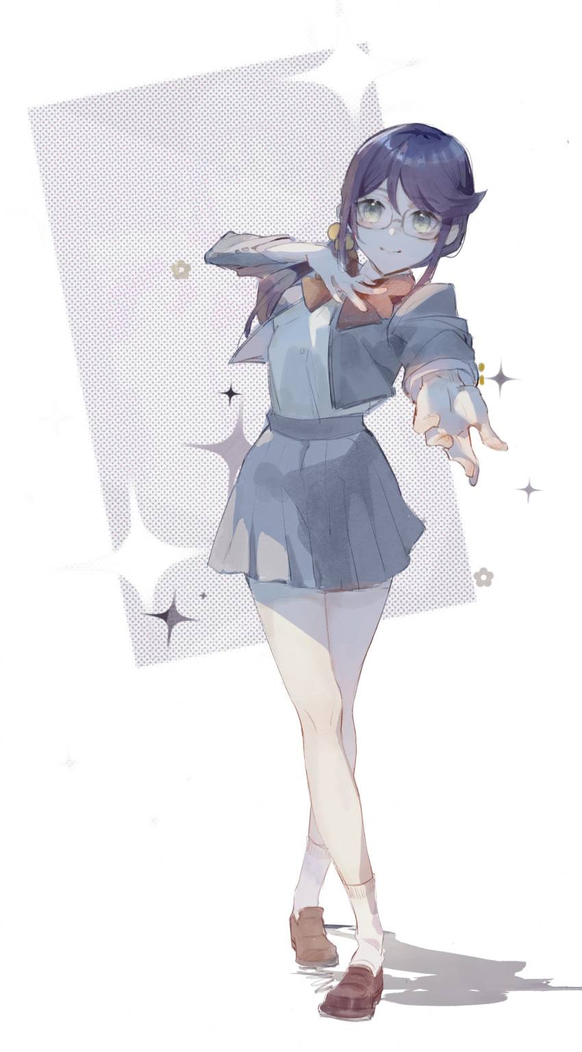 1girl, absurdres, bow, bowtie, brown_footwear, closed_mouth, flower_(symbol), full_body, glasses, green_eyes, grey-framed_eyewear, grey_background, grey_jacket, grey_skirt, hair_over_shoulder, hand_on_own_chest, hands_up, high-waist_skirt, highres, hoshimi_junna, jacket, kuliukunkunkunkunkunkunkun, light_smile, loafers, long_hair, long_sleeves, looking_at_viewer, low_ponytail, miniskirt, open_clothes, open_jacket, outstretched_arm, pleated_skirt, purple_hair, reaching, reaching_towards_viewer, red_bow, red_bowtie, seishou_music_academy_uniform, shadow, shirt, shirt_tucked_in, shoes, shoujo_kageki_revue_starlight, side_ponytail, sidelocks, skirt, socks, solo, sparkle_background, standing, swept_bangs, two-tone_background, white_background, white_shirt, white_socks