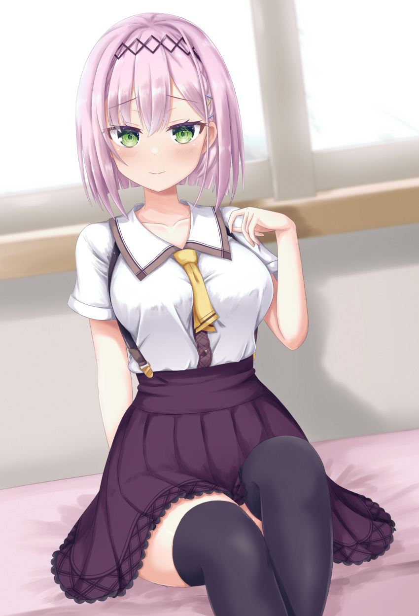 1girl, arm_at_side, between_breasts, black_hairband, black_thighhighs, blush, bob_cut, breasts, brown_skirt, closed_mouth, collarbone, commentary, crossed_bangs, day, eyelashes, eyes_visible_through_hair, furrowed_brow, green_eyes, hair_between_eyes, hair_ornament, hairband, hairclip, hand_up, high-waist_skirt, highres, indoors, knee_up, large_breasts, looking_at_viewer, medium_hair, necktie, necktie_between_breasts, on_bed, pink_hair, shirt, short_necktie, short_sleeves, sitting, skirt, smile, solo, sparkling_eyes, straight-on, straight_hair, suspender_skirt, suspenders, tanikaze_amane, tenshi_souzou, thigh-highs, white_shirt, window, x_hair_ornament, yellow_necktie, yuunagi_(yunagi1373), zettai_ryouiki