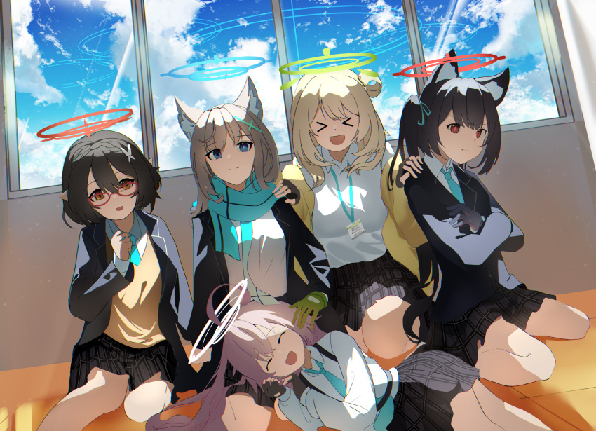 >_<, 5girls, absurdres, animal_ears, aqua_necktie, ayane_(blue_archive), black_gloves, black_skirt