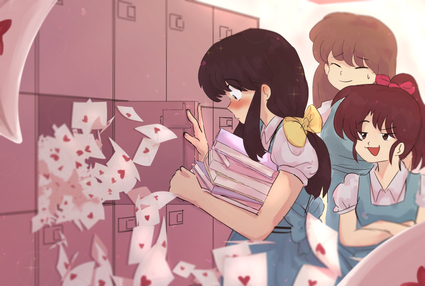 3girls, absurdres, blush, book, bow, brown_eyes, brown_hair, closed_eyes