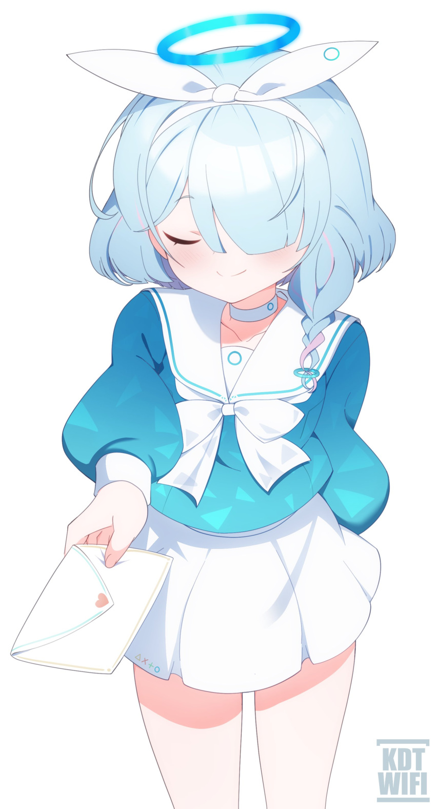 1girl, absurdres, arm_behind_back, arona_(blue_archive), blue_archive, blue_hair, blue_halo, blue_shirt, braid, choker, closed_eyes, closed_mouth, cowboy_shot, english_commentary, facing_viewer, hair_ribbon, halo, highres, holding, holding_letter, kdtwifi, letter, long_sleeves, multicolored_hair, one_eye_covered, pink_hair, ribbon, shirt, short_hair, side_braid, simple_background, skirt, smile, solo, standing, streaked_hair, white_background, white_choker, white_ribbon, white_skirt