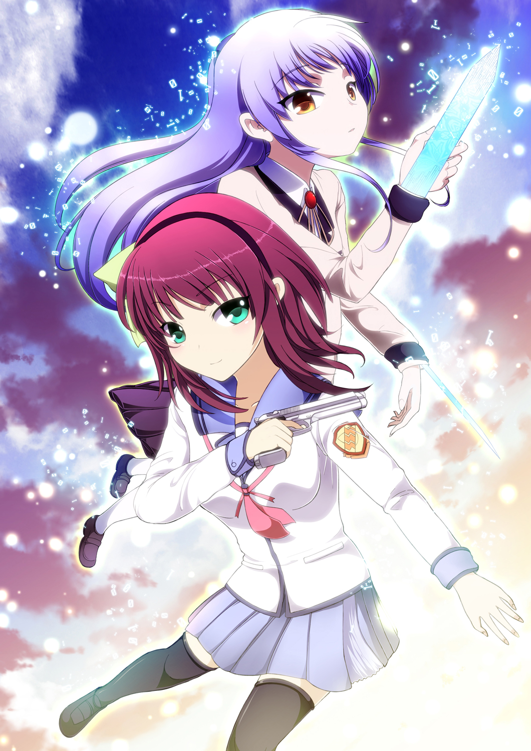 angel_beats!, aqua_eyes, bad_id, blazer, gun, hand_sonic, highres, multiple_girls