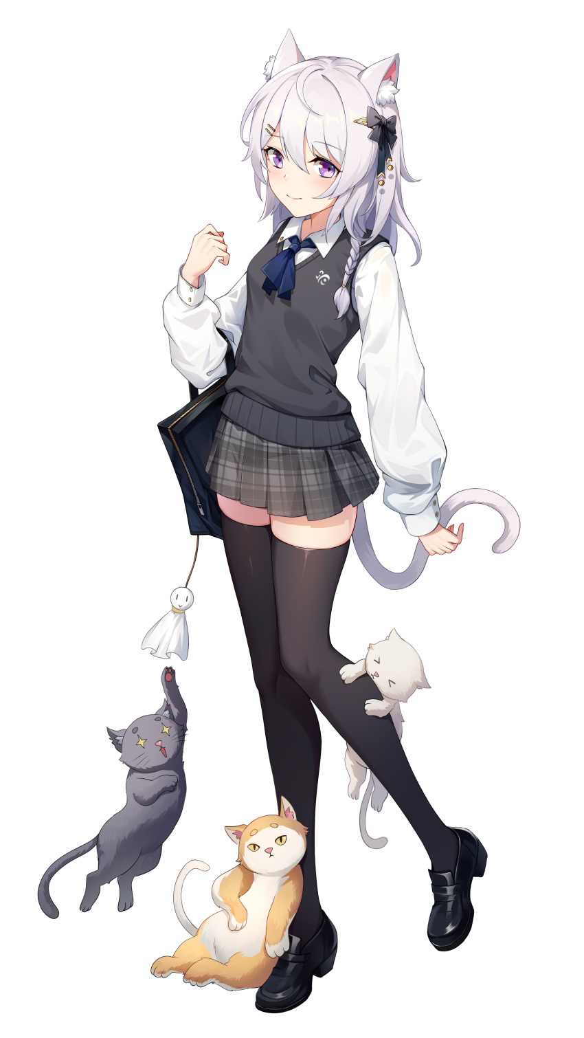 1girl, absurdres, animal_ears, ar_(3779609928), black_bag, black_cat, black_footwear, black_thighhighs, blue_ribbon, braid, cat, cat_ears, cat_girl, cat_tail, closed_mouth, collared_shirt, commentary_request, full_body, grey_jacket, hand_up, highres, jacket, long_hair, long_sleeves, neck, original, plaid, plaid_skirt, pleated_skirt, ribbon, school_uniform, shirt, shoes, side_braid, simple_background, skirt, smile, solo, standing, tail, thigh-highs, violet_eyes, white_background, white_cat, white_hair, white_shirt, yellow_cat, zettai_ryouiki