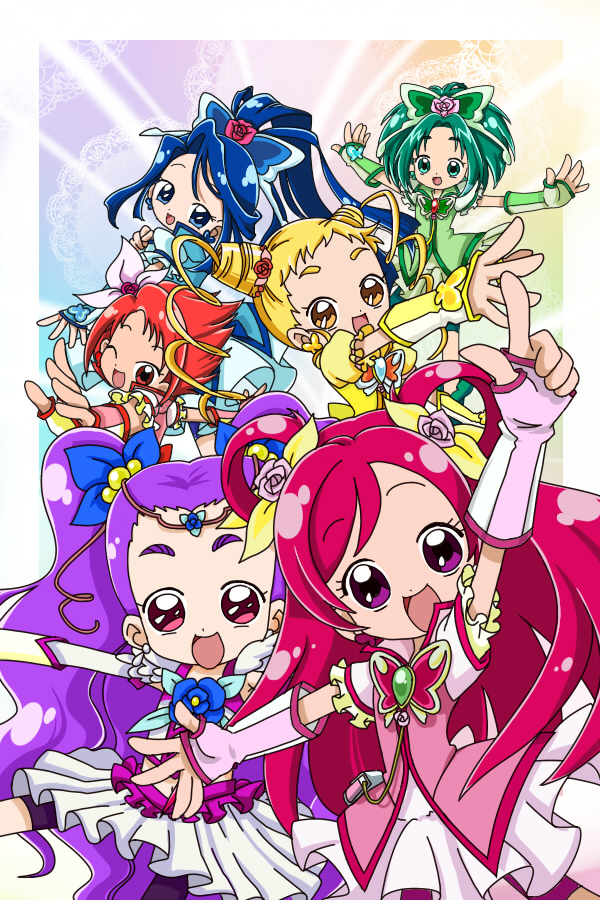 bike_shorts, blonde_hair, blue_eyes, blue_hair, butterfly_hair_ornament, company_connection, cure_aqua, cure_dream