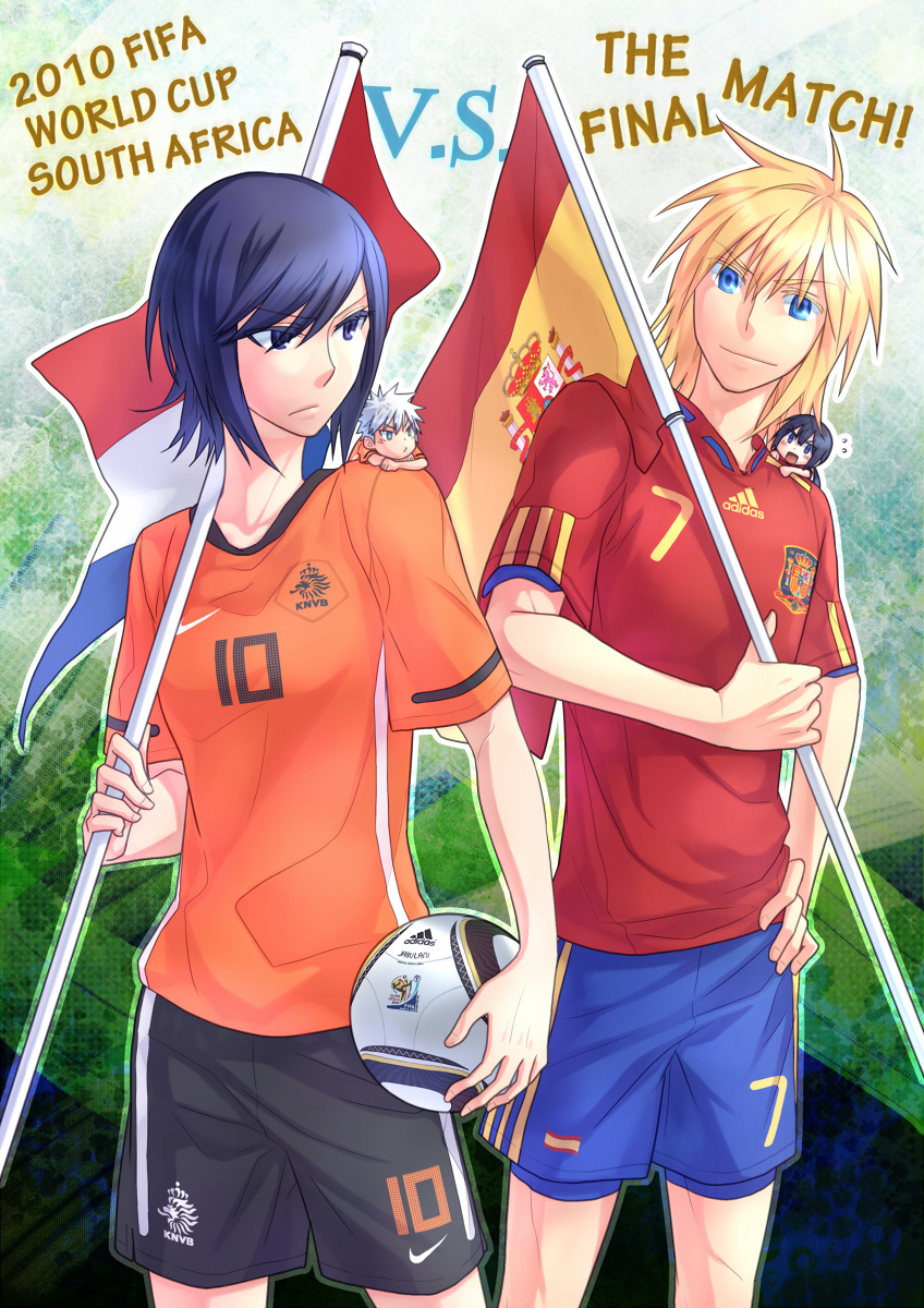 4boys, ball, bliss_(artist), blonde_hair, blue_eyes, blue_hair, flag, highres