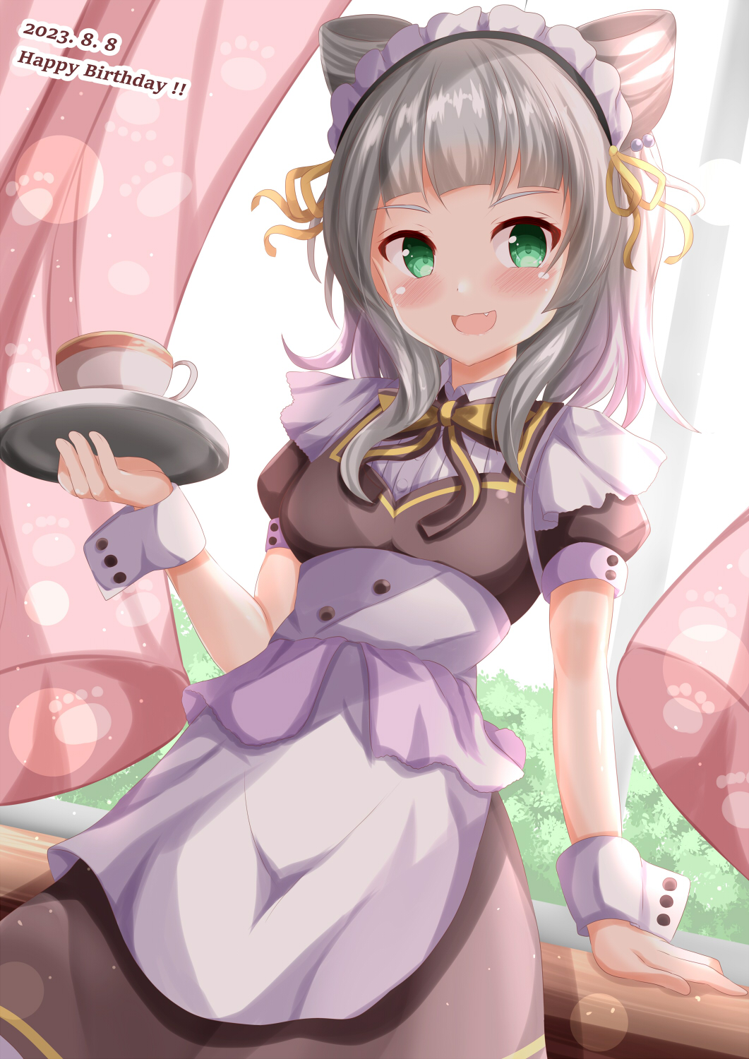 1girl, :d, apron, arm_support, black_dress, blush, bow, bow-shaped_hair