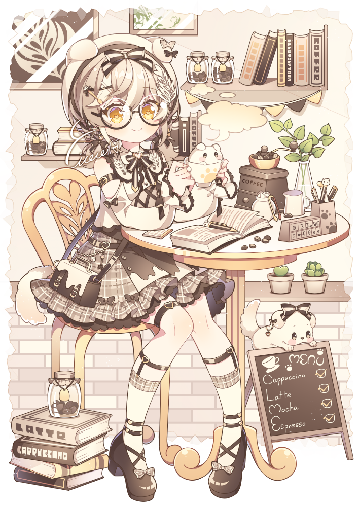 1girl, bag, book, book_stack, bookshelf, bottle, bow, bowtie