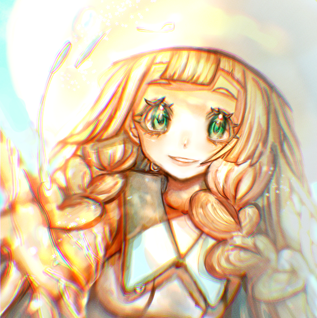 1girl, arm_up, blonde_hair, blush, braid, breasts, chromatic_aberration, collarbone, collared_dress, commentary_request, dress, dutch_angle, green_eyes, happy, hat, light_blush, lillie_(pokemon), long_hair, looking_at_viewer, outstretched_arm, parted_lips, partial_commentary, pokemon, pokemon_(game), pokemon_sm, reaching, reaching_towards_viewer, sidelocks, sleeveless, sleeveless_dress, small_breasts, smile, solo, sun_hat, teeth, tensaitou_tou, twin_braids, upper_body, white_dress, white_headwear