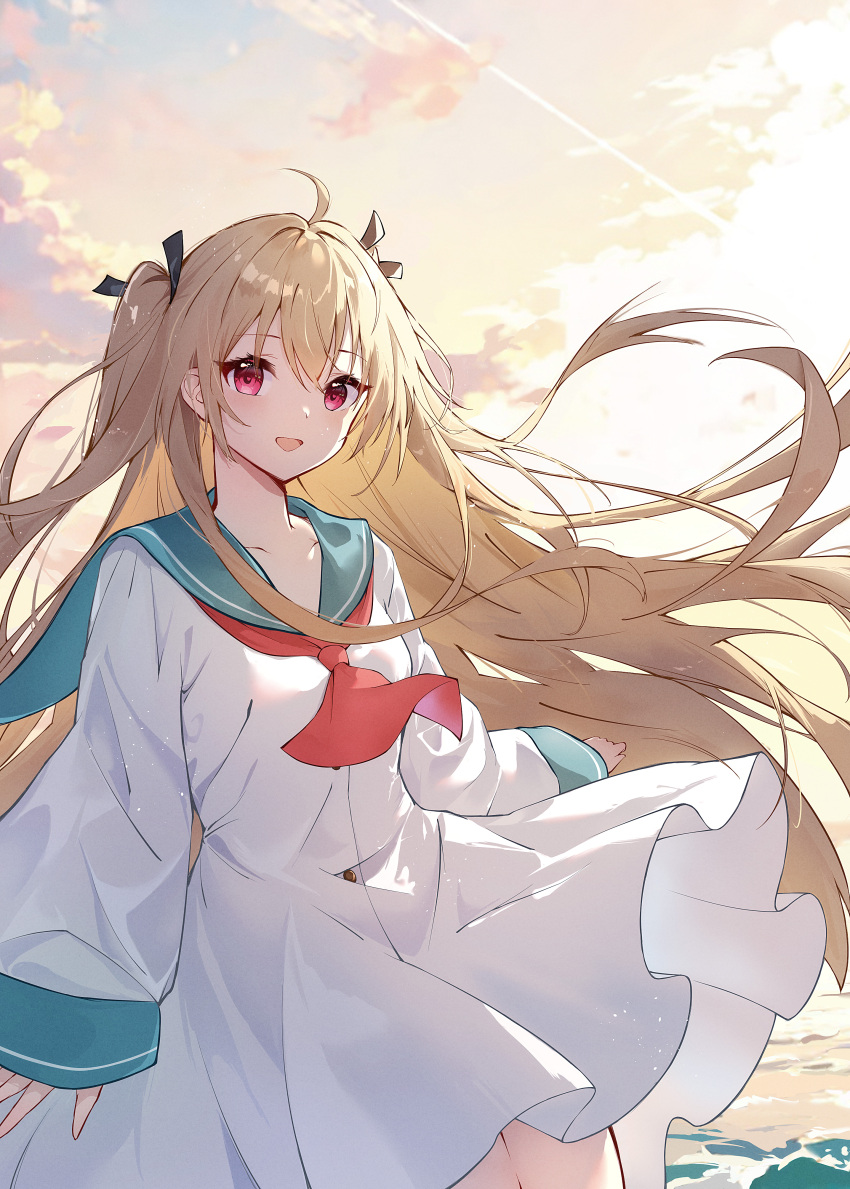 1girl, :d, absurdres, ahoge, atri, atri-my_dear_moments-, blue_sailor_collar, collarbone, dress, feng1180, hair_ribbon, highres, light_brown_hair, long_hair, long_sleeves, looking_at_viewer, neckerchief, ocean, orange_sky, outdoors, red_eyes, red_neckerchief, ribbon, sailor_collar, sailor_dress, sky, sleeves_past_wrists, smile, solo, two_side_up, very_long_hair