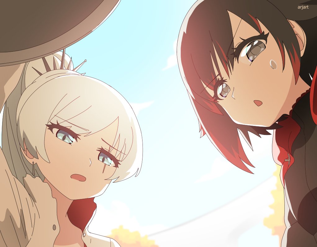 2girls, ar_jart, black_dress, black_hair, blue_eyes, blue_sky, clouds, dress