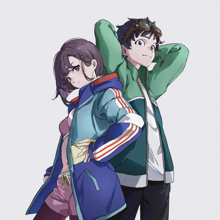 1boy, 1girl, absurdres, arms_behind_head, asymmetrical_hair, back-to-back, black_hair, black_jacket