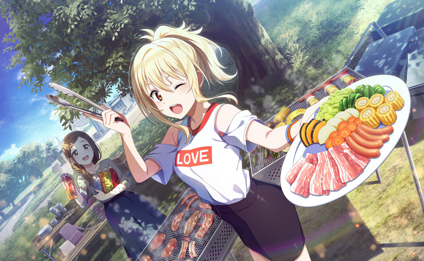 2girls, bag, barbecue, bare_shoulders, bell_pepper, blonde_hair, blue_skirt, blue_sky