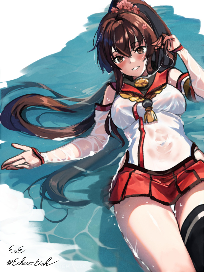 1girl, black_thighhighs, breasts, brown_eyes, brown_hair, cherry_blossoms, commentary_request, detached_sleeves, eckert&amp;eich, feet_out_of_frame, flower, hair_flower, hair_ornament, highres, kantai_collection, large_breasts, long_hair, lying, one-hour_drawing_challenge, partially_submerged, pleated_skirt, red_sailor_collar, red_skirt, sailor_collar, single_thighhigh, skirt, solo, thigh-highs, water, wet, wet_clothes, yamato_(kancolle)