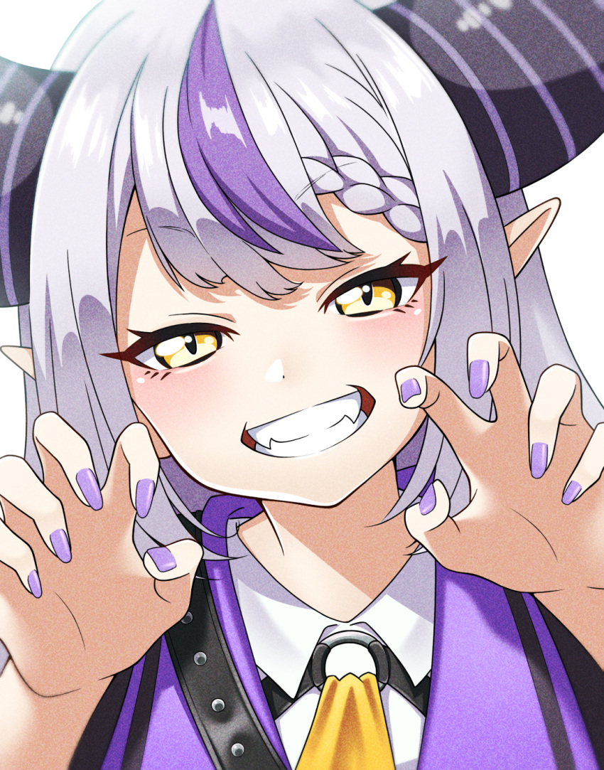 1girl, ascot, blush, braid, claw_pose, collared_shirt, commentary, demon_horns