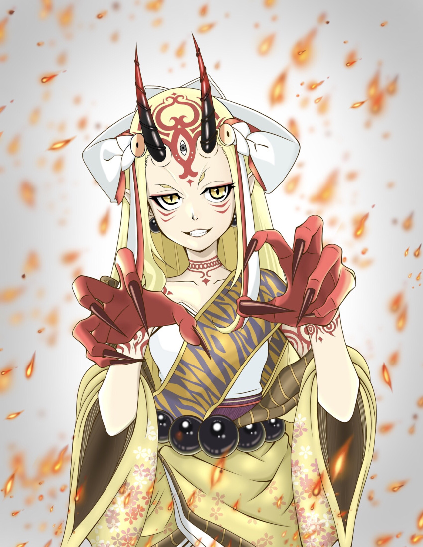 1girl, arm_tattoo, bad_id, bad_pixiv_id, bare_shoulders, blonde_hair, blurry, blurry_background, claw_pose, claws, collarbone, commentary, earrings, embers, facial_mark, fate/grand_order, fate_(series), fingernails, floral_print, grin, hair_ornament, half-closed_eyes, hand_tattoo, highres, horns, ibaraki_douji_(fate), japanese_clothes, jewelry, kimono, lips, long_hair, neck_tattoo, off_shoulder, oni, oni_horns, sharp_fingernails, shoui, simple_background, slit_pupils, smile, solo, straight-on, tattoo, teeth, upper_body, white_background, wide_sleeves, yellow_eyes, yellow_kimono