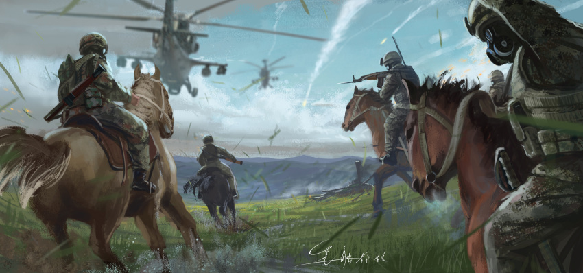 aircraft, assault_rifle, bulletproof_vest, camouflage, cavalry, changhe_z-10, china, clouds, cloudy_sky, gas_mask, grass, gun, helicopter, highres, horseback_riding, mask, military, military_vehicle, missile, mountainous_horizon, multiple_boys, original, people's_liberation_army, people's_liberation_army_rocket_force, riding, rifle, shouhui_lang_qun, signature, sky, weapon