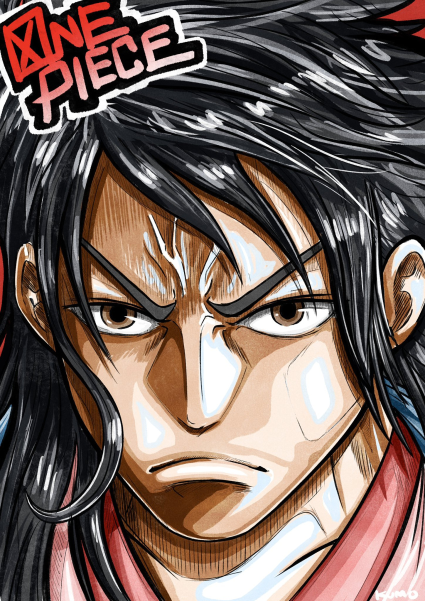 1boy, artist_name, black_hair, brown_eyes, closed_mouth, highres, japanese_clothes, kumo_d7