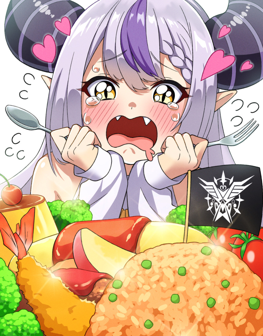 1girl, apple, apple_slice, bare_shoulders, blush, braid, cherry, commentary