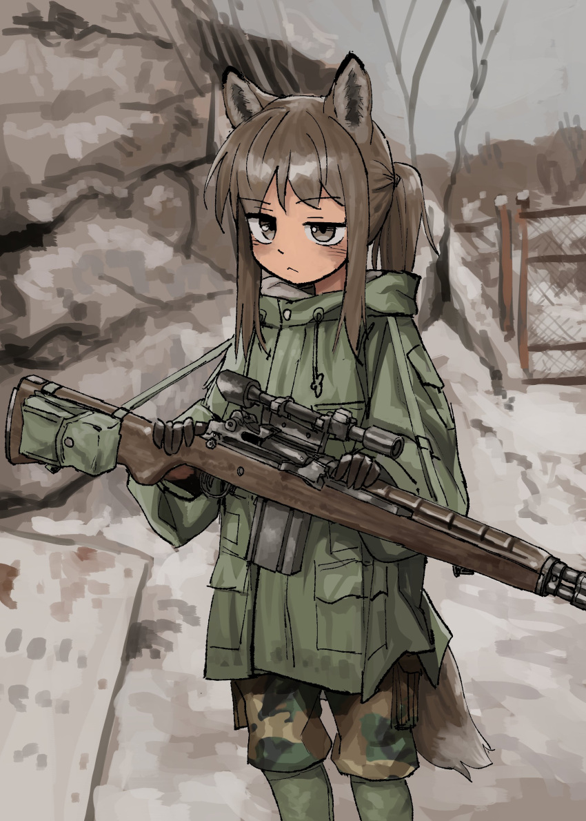 1girl, absurdres, animal_ears, battle_rifle, black_gloves, brown_eyes, brown_hair, camouflage, chain-link_fence, fence, fox_ears, fox_girl, gloves, green_hoodie, gun, highres, hood, hoodie, m14, original, ponytail, rifle, scope, sketch, sling, snow, solo, underwear, weapon, woodland_camouflage, yihan_world