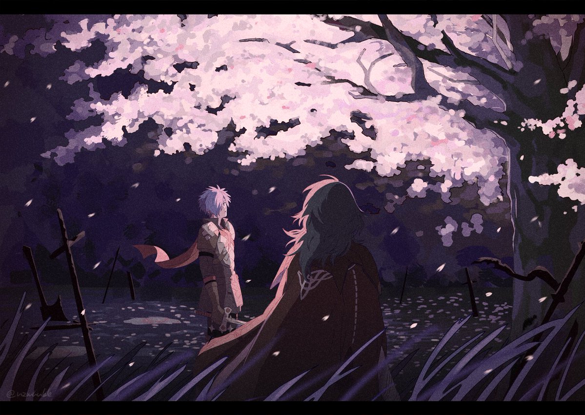 1boy, 1girl, armor, black_cape, blue_hair, breastplate, byleth_(female)_(fire_emblem), byleth_(fire_emblem), cape, cherry_blossoms, commentary, fire_emblem, fire_emblem:_three_houses, fire_emblem_warriors:_three_hopes, floating_hair, flower, from_behind, gloves, grass, grey_gloves, hair_over_one_eye, holding, holding_sword, holding_weapon, long_hair, looking_at_viewer, nzmnnkk, one_eye_covered, orange_cape, outdoors, pink_flower, planted, planted_sword, purple_hair, shez_(fire_emblem), shez_(male)_(fire_emblem), short_hair, sword, tree, twitter_username, violet_eyes, weapon