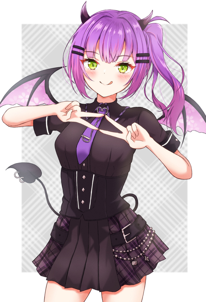 1girl, bat_wings, demon_horns, demon_wings, green_eyes, highres, hololive, horns