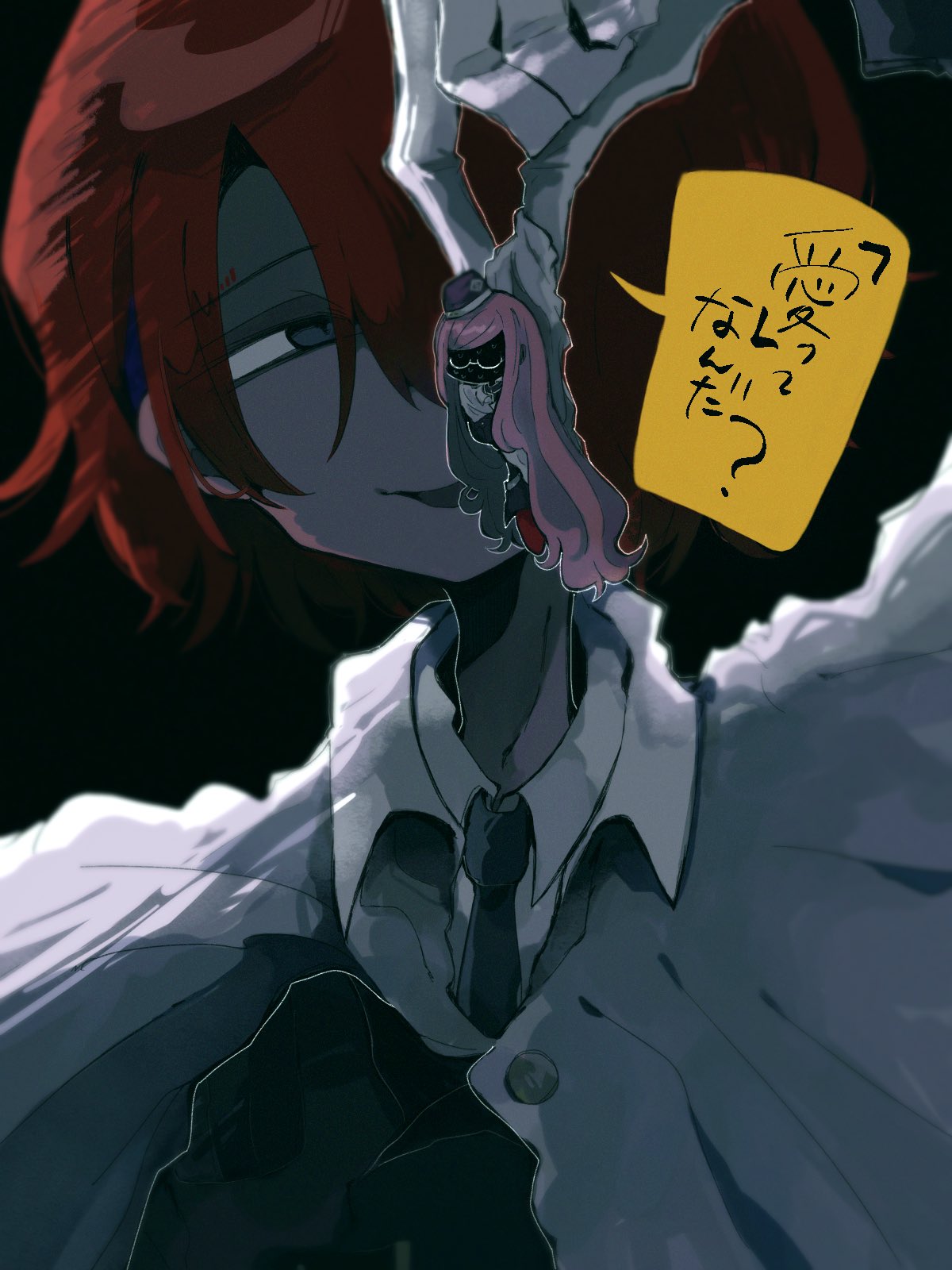 1boy, 1girl, black_background, black_headwear, black_jacket, black_necktie, cape, chachan_chan