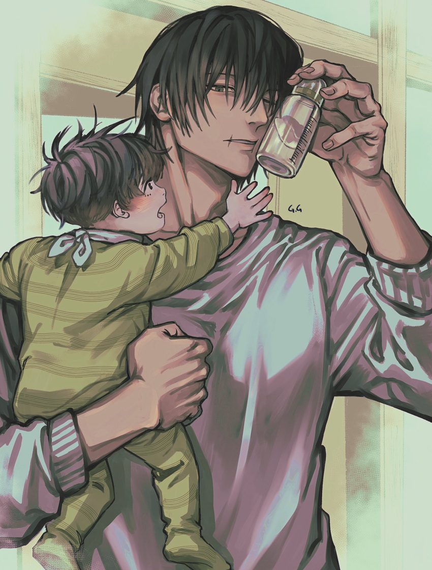 2boys, aged_down, black_eyes, black_hair, bottle, father_and_son, fushiguro_megumi, fushiguro_touji, green_pajamas, hand_up, highres, holding, holding_bottle, indoors, jugang140, jujutsu_kaisen, long_sleeves, male_focus, multiple_boys, one_eye_closed, open_mouth, pajamas, parted_lips, profile, scar, scar_on_face, scar_on_mouth, short_hair, sweater, white_sweater