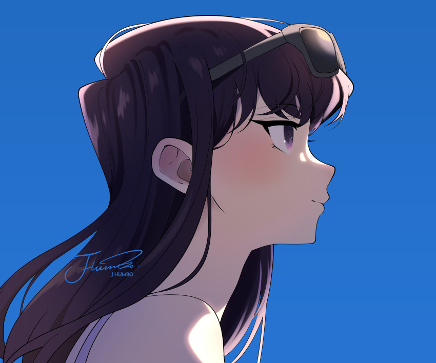 1girl, absurdres, black_eyes, black_hair, blue_sky, closed_mouth, day, eyewear_on_head