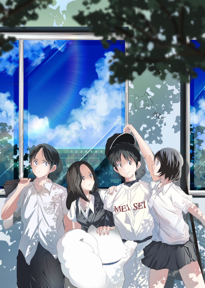 2boys, 2girls, absurdres, ameiro_riu, baseball_uniform, black_hair, black_pants, black_shirt, black_skirt, blurry, blurry_foreground, brown_eyes, dappled_sunlight, day, dog, eye_contact, highres, looking_at_another, mix_(manga), multiple_boys, multiple_girls, outdoors, oyama_haruka, pants, petting, punch_(mix), reflection, removing_hat, school_uniform, shirt, short_hair, skirt, sportswear, sunlight, tachibana_otomi, tachibana_souichiro, tachibana_touma