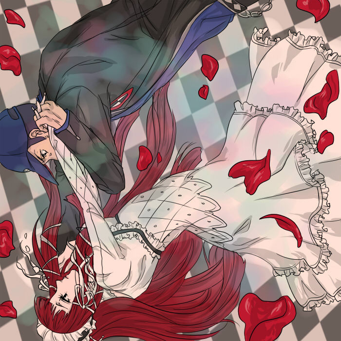 1girl, checkered, checkered_floor, couple, dress, gothic_lolita, hat, headband, headdress, iori_junpei, koori_(haraiso), lolita_fashion, persona, persona_3, petals, rose_petals, school_uniform, yoshino_chidori