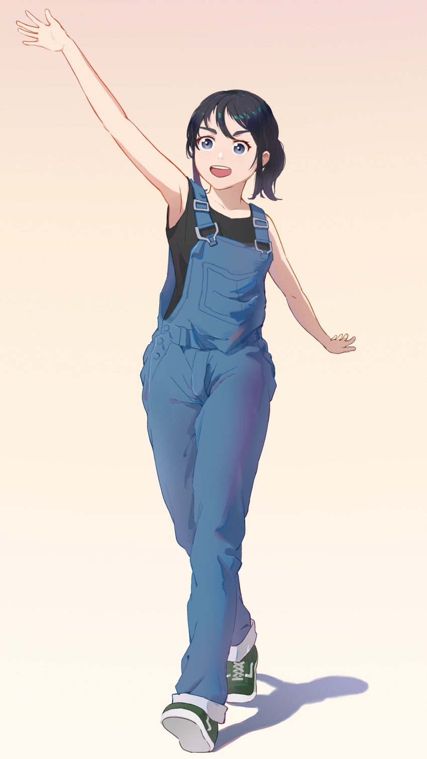 1girl, :d, absurdres, arm_up, black_hair, black_shirt, blue_eyes, blue_overalls