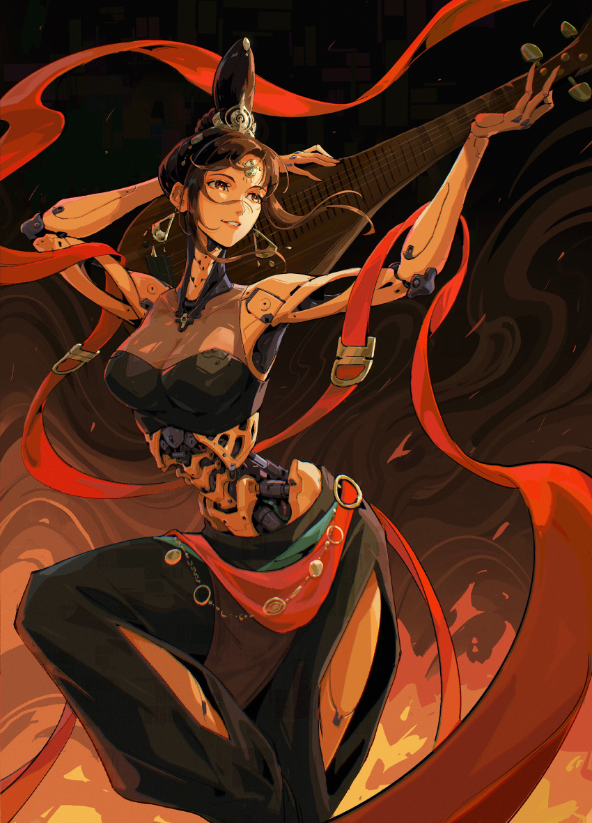 1girl, absurdres, brown_hair, buddhism, chinese_commentary, chinese_mythology, cyberpunk, cyborg
