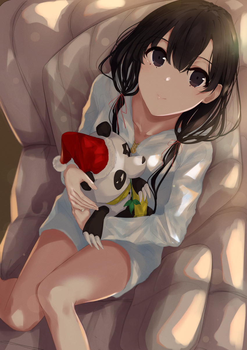 1girl, absurdres, black_eyes, black_hair, blue_pajamas, closed_mouth, collarbone, feet_out_of_frame, hair_ribbon, hayase_illusut, highres, holding, holding_stuffed_toy, knees_together_feet_apart, long_hair, looking_up, pajamas, red_ribbon, ribbon, sitting, solo, stuffed_animal, stuffed_panda, stuffed_toy, twintails, yahari_ore_no_seishun_lovecome_wa_machigatteiru., yukinoshita_yukino