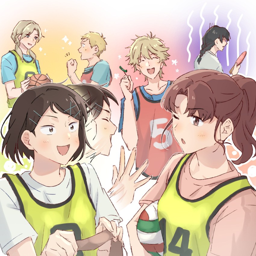 2boys, 4girls, :d, absurdres, ball, basketball, black_hair, blonde_hair