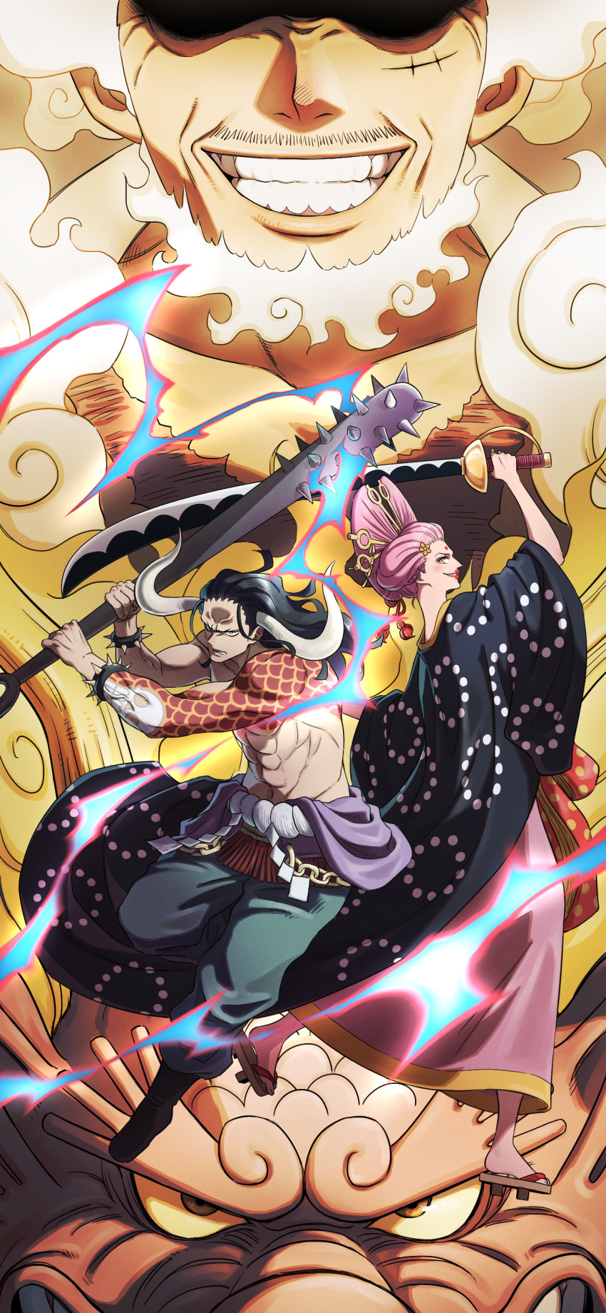 1girl, 3boys, absurdres, alternate_form, beard, black_hair, bracelet, charlotte_linlin, closed_mouth, club_(weapon), dragon, facial_hair, full_body, gear_fifth, hair_ornament, highres, holding, holding_sword, holding_weapon, horns, japanese_clothes, jewelry, kaidou_(one_piece), kanabou, kimono, long_hair, looking_at_viewer, male_focus, momonosuke_(one_piece), monkey_d._luffy, multiple_boys, one_piece, oni, oni_horns, pink_hair, scar, scar_on_cheek, scar_on_face, smile, spiked_bracelet, spikes, sword, teeth, topless_male, vonsiakira, weapon