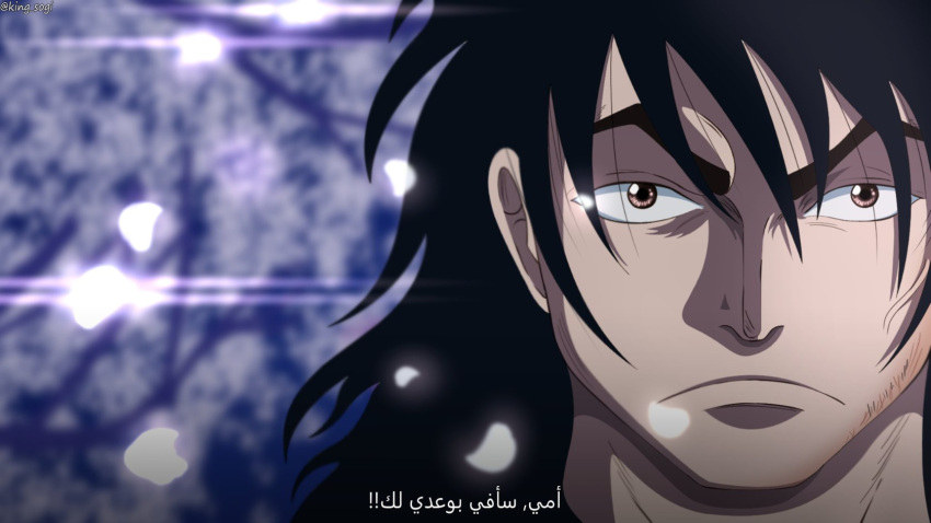 1boy, arabic_text, artist_name, black_hair, brown_eyes, closed_mouth, hair_between_eyes, highres