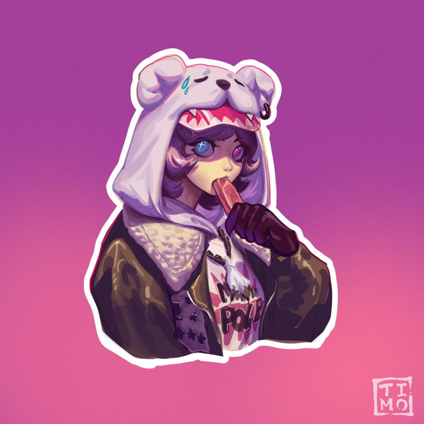 +_+, 1girl, absurdres, black_jacket, blue_eyes, commission, eating, english_commentary