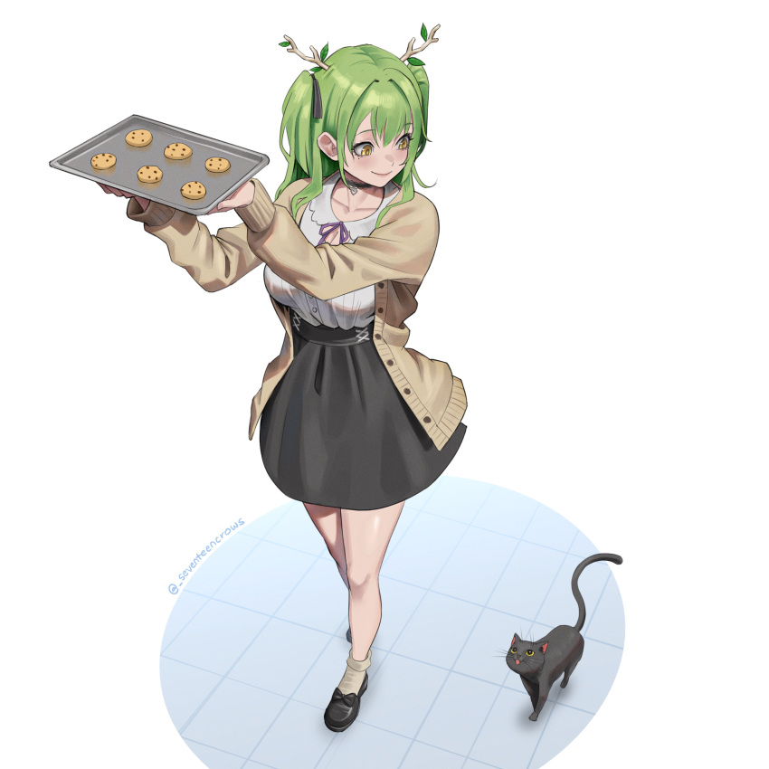 1girl, absurdres, antlers, black_cat, black_choker, cardigan, cat, ceres_fauna, ceres_fauna_(3rd_costume), chocolate_chip_cookie, choker, cookie, food, green_hair, high-waist_skirt, highres, holding, holding_tray, hololive, hololive_english, official_alternate_costume, open_cardigan, open_clothes, seventeencrows, simple_background, skirt, smile, solo, tray, two_side_up, virtual_youtuber, white_background, yellow_eyes