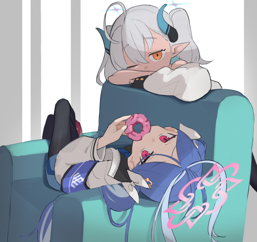 2girls, absurdres, ahoge, aqua_hair, black_pantyhose, blue_archive, blue_hair, bow