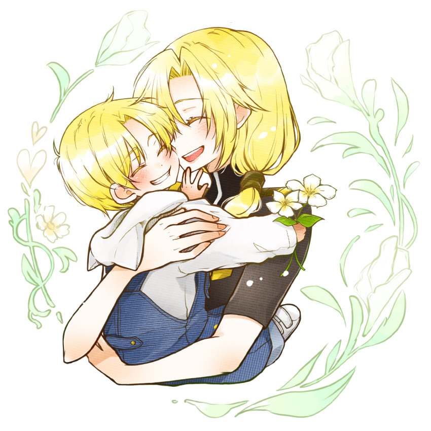 1boy, 1girl, aged_down, blonde_hair, blue_overalls, blush, claude_kenni, flower