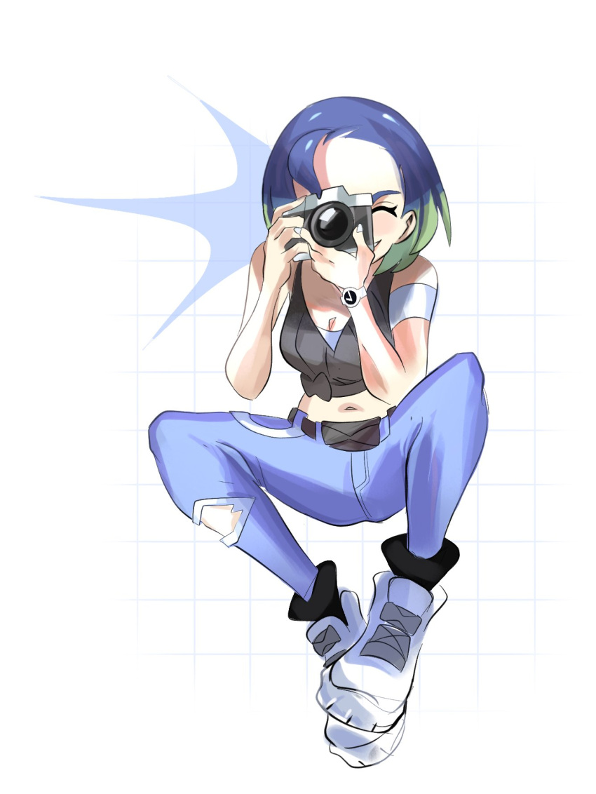 1girl, bare_shoulders, blue_hair, bob_cut, camera, closed_eyes, crop_top, green_hair