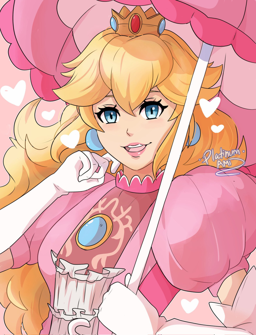 1girl, artist_name, blonde_hair, blue_brooch, blue_eyes, breasts, crown, dress, earrings, elbow_gloves, gloves, heart, highres, jewelry, long_hair, looking_at_viewer, open_mouth, pink_dress, platinum_ami, princess_peach, solo, sphere_earrings, super_mario_bros., super_smash_bros., teeth, umbrella, upper_body, upper_teeth_only, watermark, white_gloves