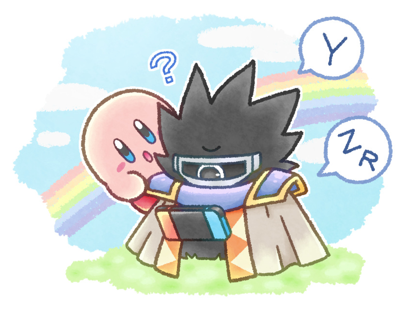 ?, blue_sky, blush_stickers, cape, colored_skin, commentary_request, dark_matter, dark_matter_blade, grass, handheld_game_console, highres, kirby, kirby's_dream_land_2, kirby_(series), nintendo_switch, no_humans, oceannuts, one-eyed, pink_skin, rainbow, sky, solid_oval_eyes