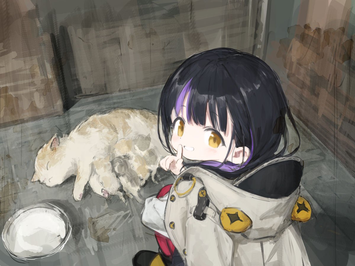 affinity_line, black_hair, brown_coat, cat, coat, coat_on_shoulders, eleanor_(affinity_line), from_behind, grin, hood, hood_down, hooded_coat, kitten, long_hair, looking_at_viewer, looking_back, multicolored_hair, open_clothes, open_coat, outdoors, purple_hair, red_thighhighs, shirt, sho_(sho_lwlw), smile, solo, squatting, streaked_hair, thigh-highs, white_shirt, yellow_eyes