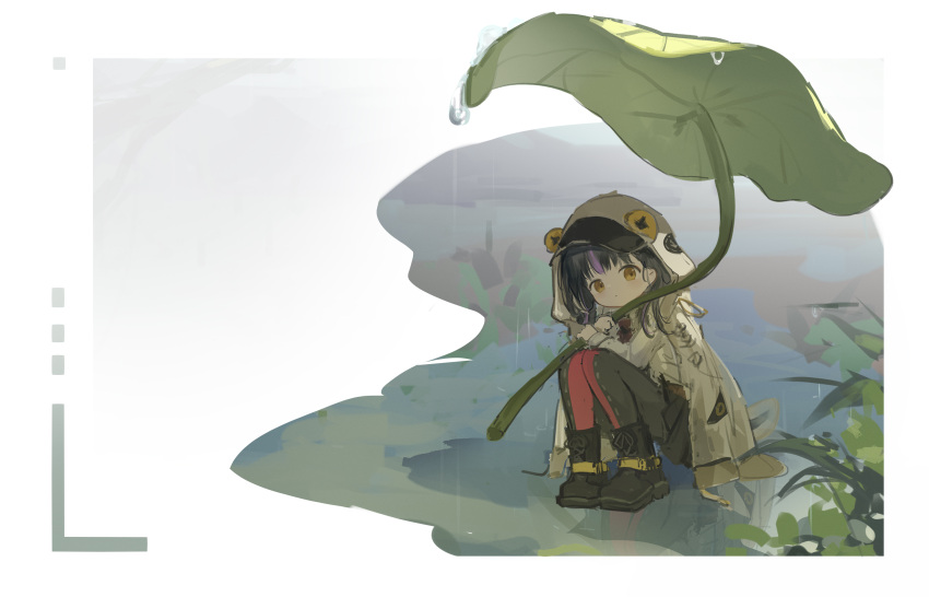 1girl, affinity_line, black_footwear, black_hair, boots, brown_coat, closed_mouth, coat